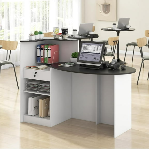 Reception Desk, Retail Checkout Counter with Lockable Drawer and Open Shelves, Wooden Front Desk Reception Counter, Desktop & Counter for Store Office Lobby Salon