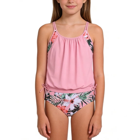 Girls Tankini Swimsuit Double-Layer Bathing Suit Floral&Tropical Print Swimwear Two Piece Girls Swimsuits/Pink/10Y