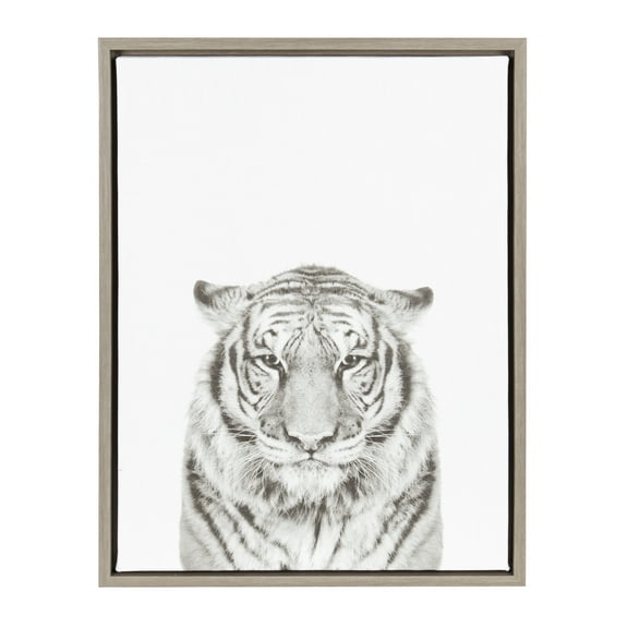 Kate and Laurel Sylvie Tiger Black and White Portrait Framed Canvas Wall Art by Simon Te Tai, 18x24 Gray
