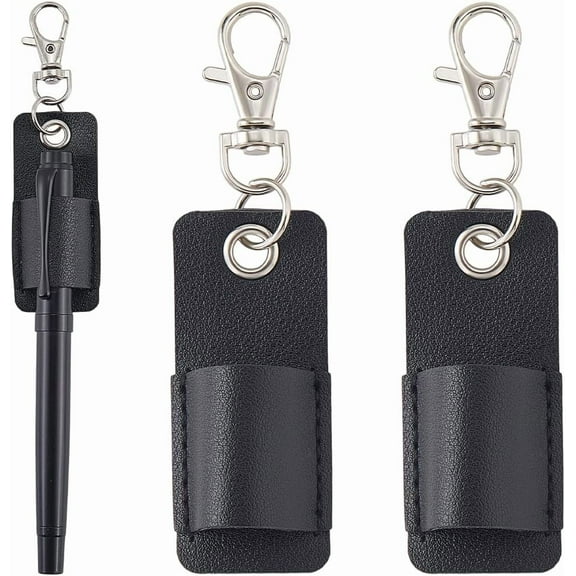 2Pcs Black Leather Pen Holder Keychain Clip Pencil Neck Lanyard Anti-Lost Portable Pendant Lobster Clasps Pocket Protector Storage