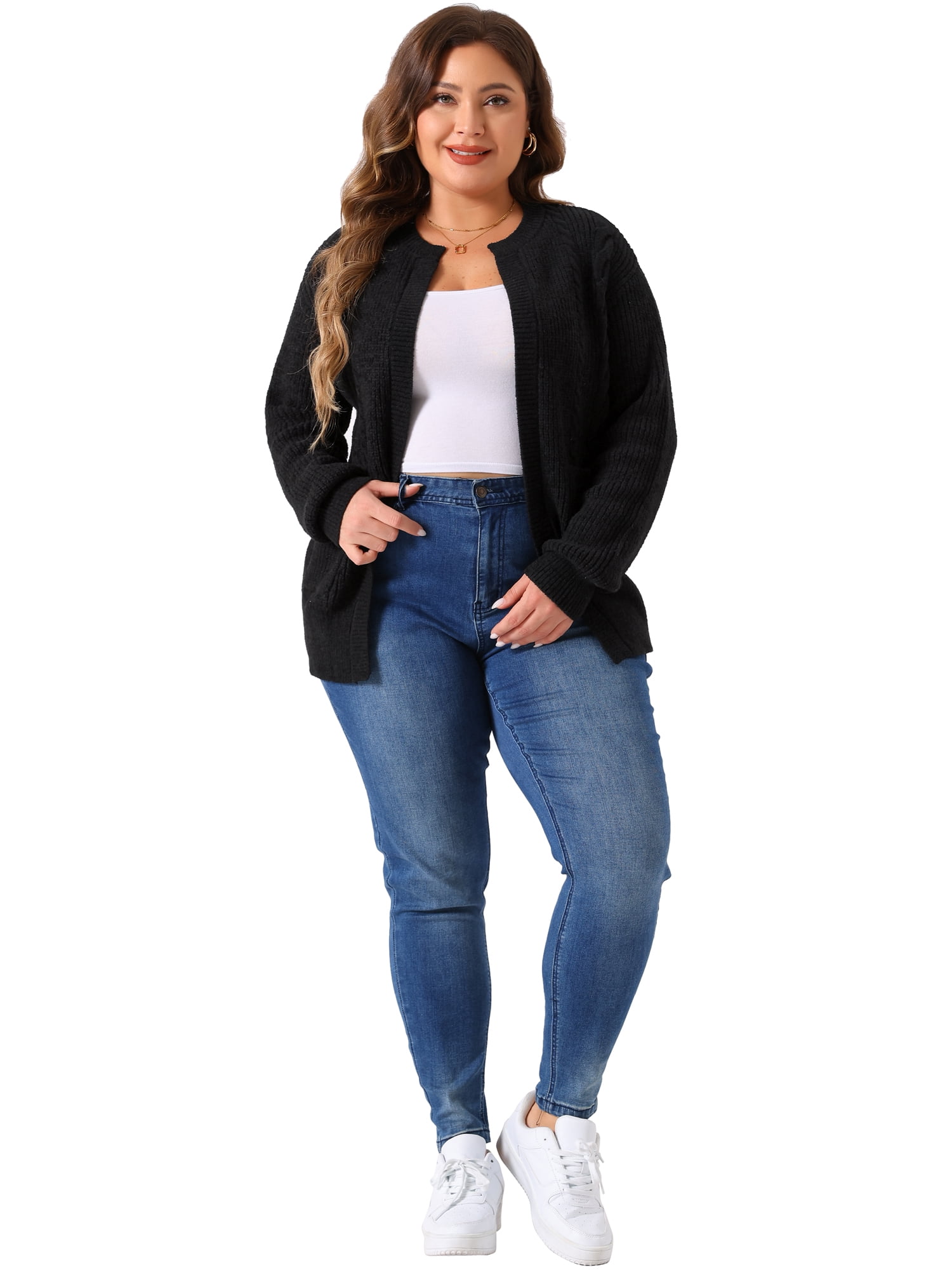 DARING DIVA Women's Plus Long Sleeve Crew Neck Knit Cardigans 1X Black