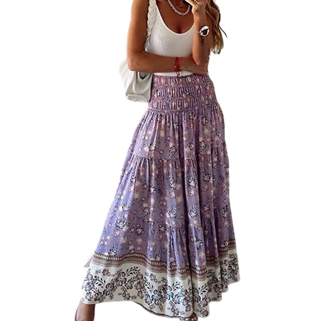 LUXUR Jupes Longues pour Femmes Taille Haute Jupe Maxi Imprimé Floral Ample Boho Violet P