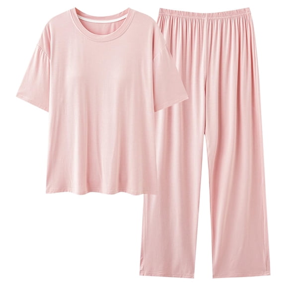 BUIGTTKLOP Pajama Set for Women Built in Bra Short Sleeve Tops High Waisted Lounge Pants 2 Piece Outfits Cozy Loungewear