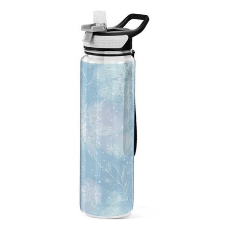 1000ML Transparent Sports Water Bottle with Handle & Straw Portable Water Bottle for Outdoor Camping Gym Delicate Snowflakes Patter