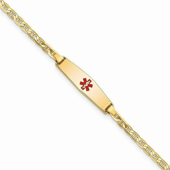 Primal Gold 14 Karat Yellow Gold Medical Soft Diamond Shape Red Enamel Flat Anchor Link ID Bracelet