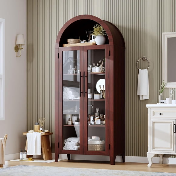 Arched Kitchen Pantry Storage Cabinet - Farmhouse 5-Tier Display Shelf with 2 Large Glass Doors and Adjustable Shelf, Versatile Cupboard for Kitchen, Dining Room, Living Room, Walnut