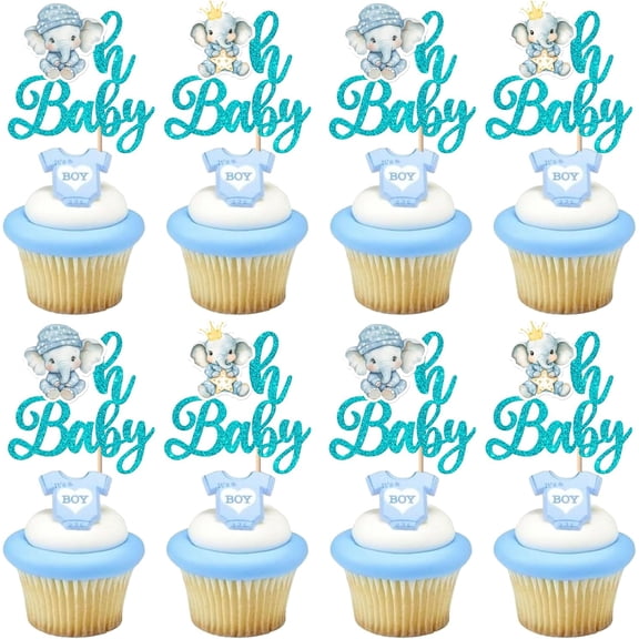 12PCS Blue Glitter Oh Baby Boy Cupcake Toppers, Elephant Picks for Baby Shower, Gender Reveal Party Supplies
