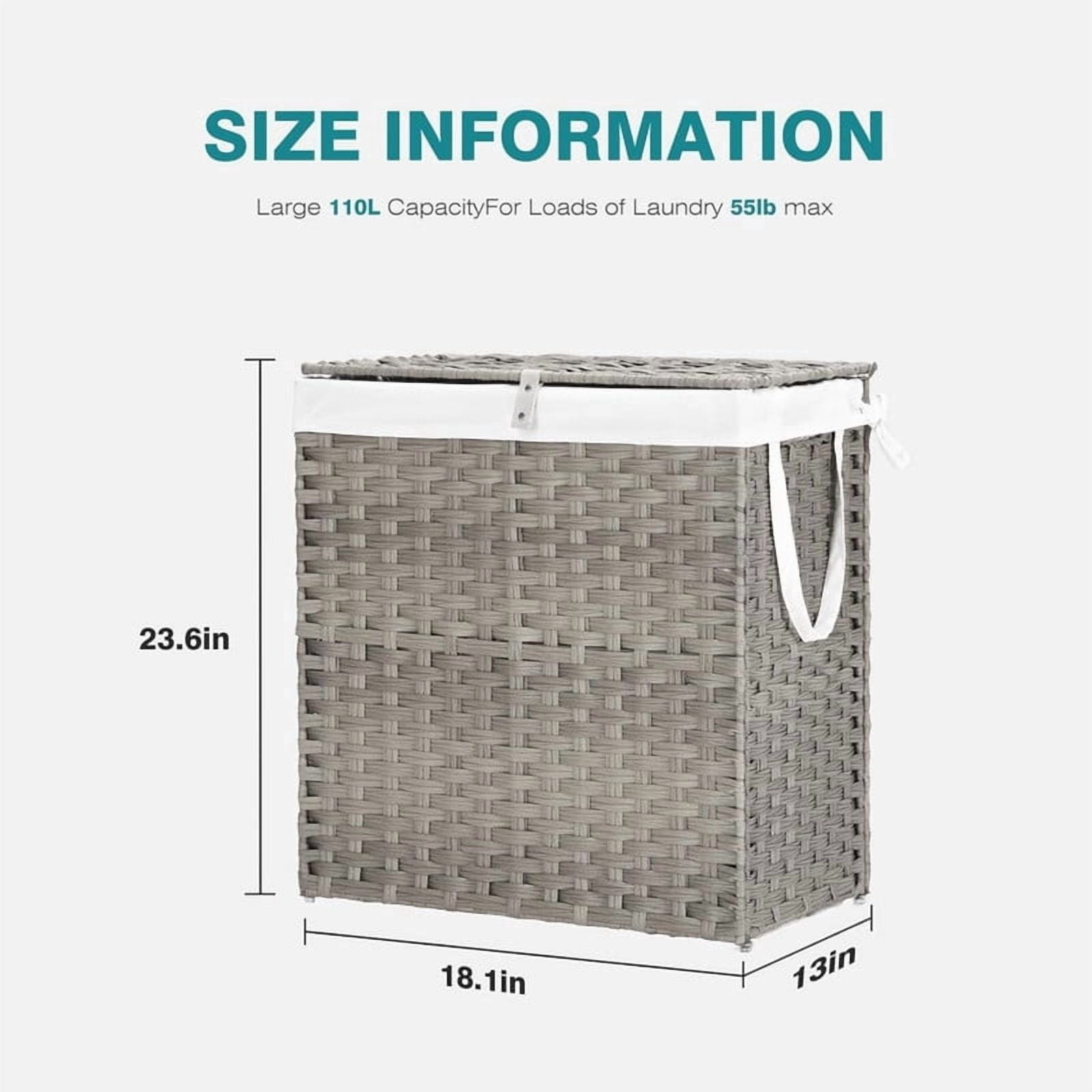 Kelno 110L Laundry Basket with Lid Foldable Rattan Clothes Hamper with Removable Liner Bag, Gray
