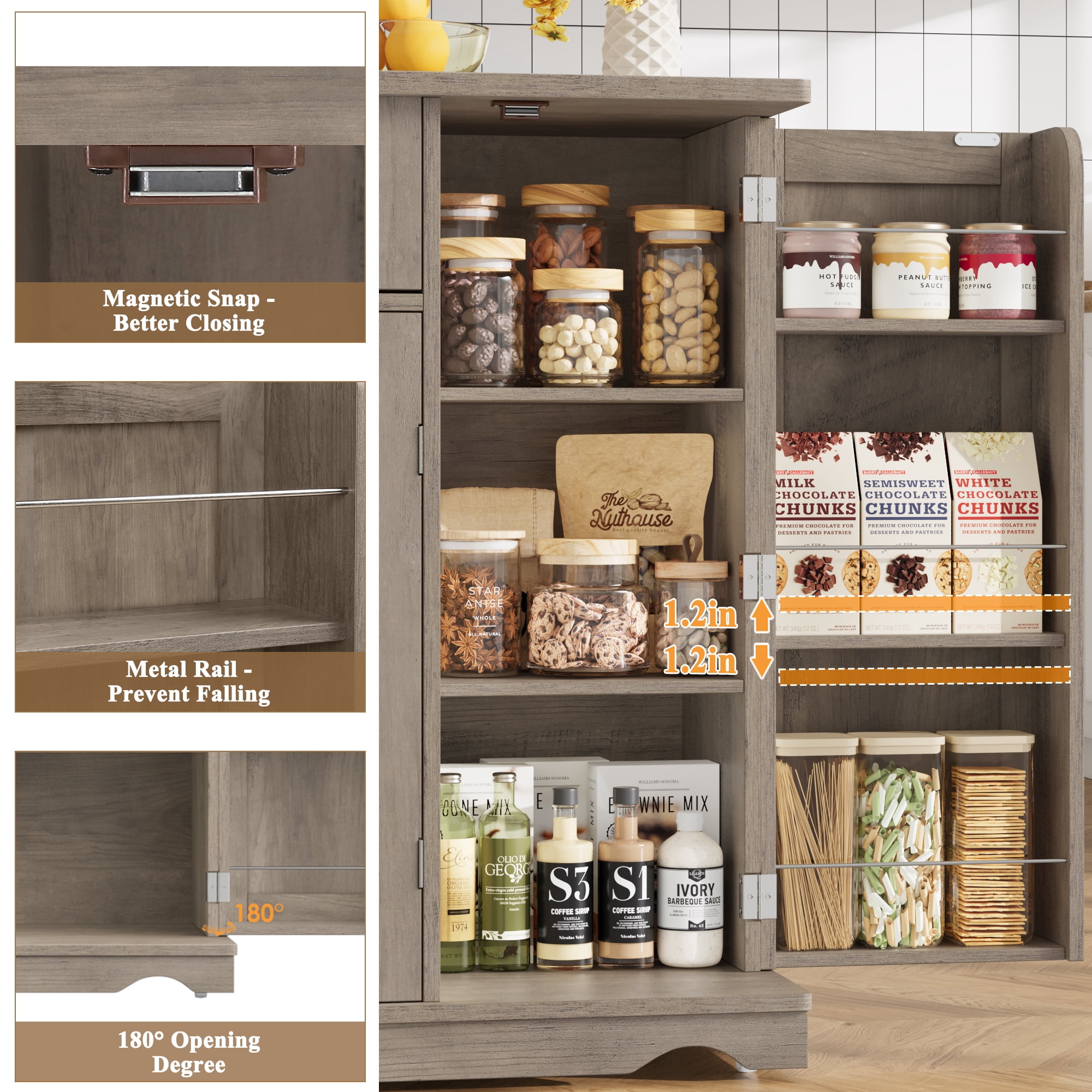 Homfa Kitchen Island with Wheels & Adjustable Shelf, 2 Drawer Farmhouse Buffet Cabinet Sideboard Coffee Bar for Dining Room Living Room, Gray