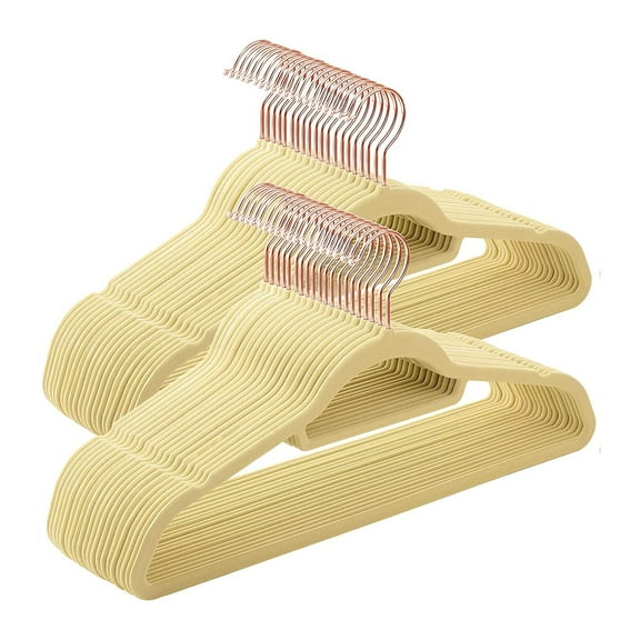 Beige Thin Velvet Hangers - Pack of 10 Non-Slip Clothes Hangers With 360 Rotating Chrome Hook, Notched Shoulders - Sturdy and Portable Coat Hangers