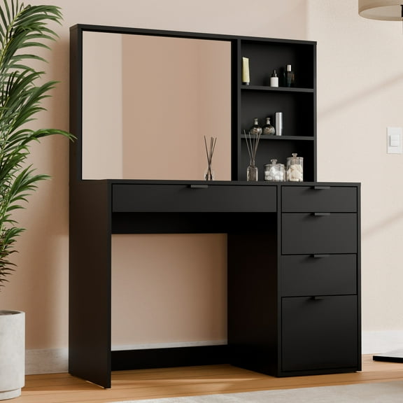 Kappesberg Topaz Vanity Table with 5 Drawers, Mirror & Open Niches – Black, 53.5"W - for Adutls and Teens