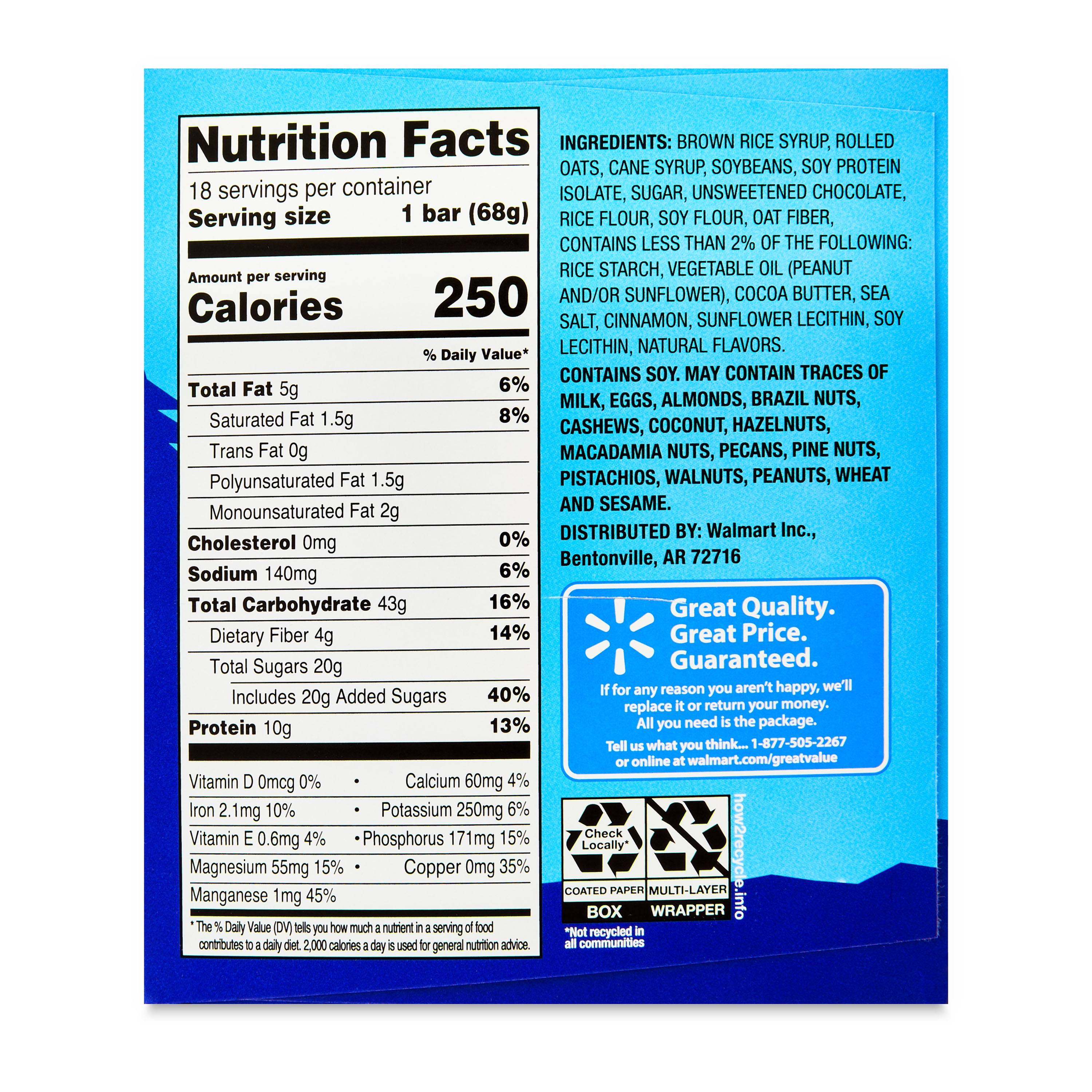 Great Value Energy Bar, Chocolate Chip, 2.4 oz, 18 Count