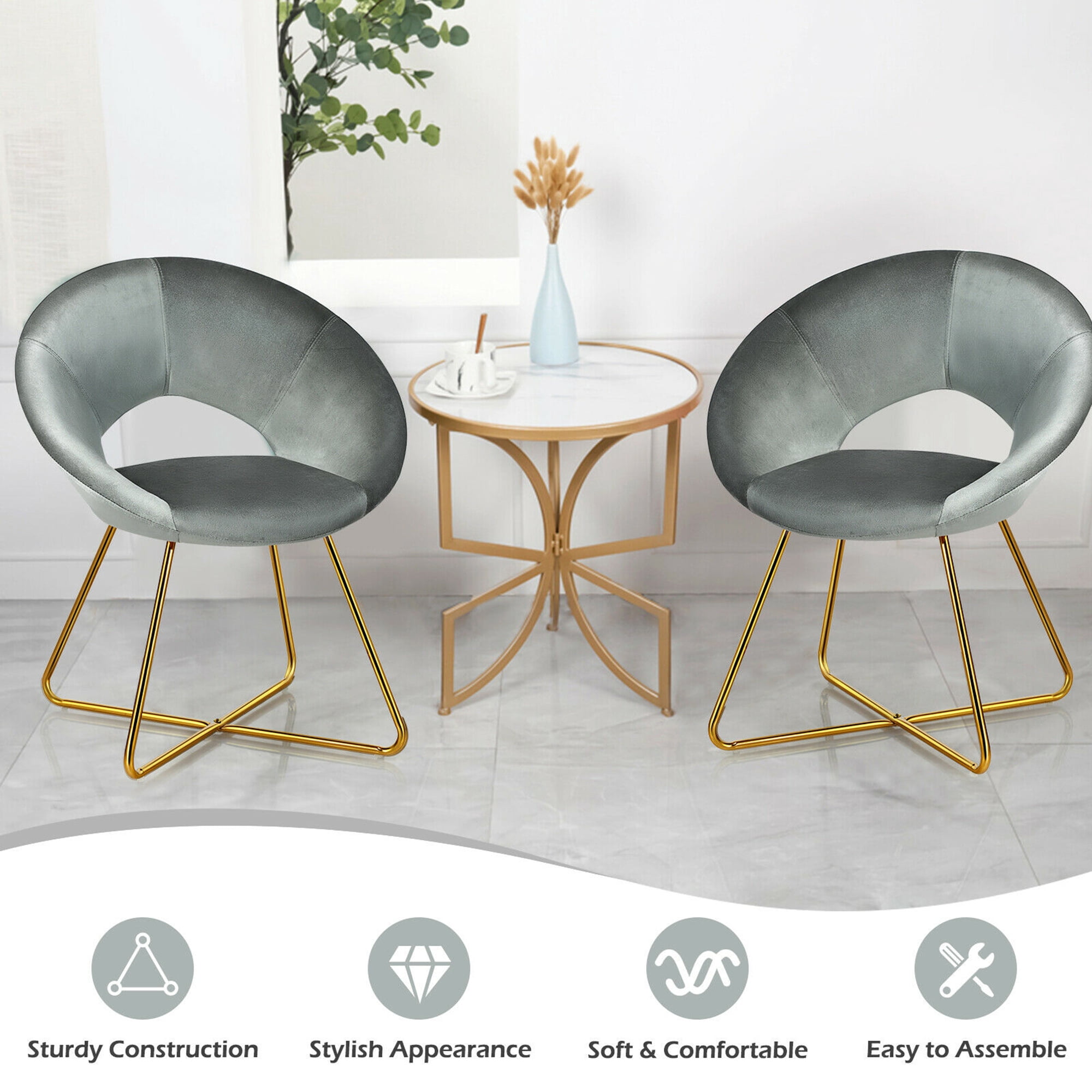 Gymax Set of 2 Accent Velvet Chairs Dining Chairs Arm Chair w/Golden Legs Grey