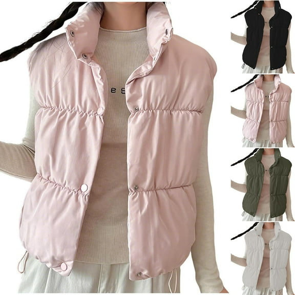 jtjvou Womens Quilted Puffer Vests Sleeveless Stand Collar Snap Button down Gilet Casual Warm Winter Outerwear with Pockets Green L