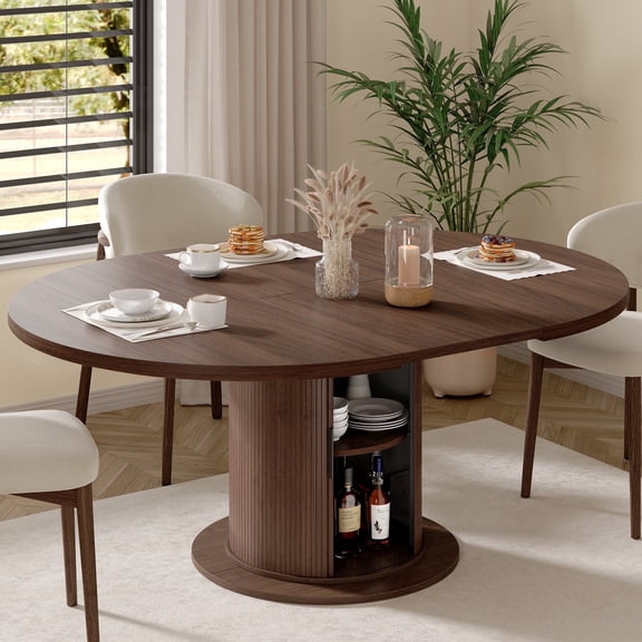 Round Dining Table for 4-8, Extendable Oval Kitchen Dining Room Table 47”-63” with Storage, Mid Century Modern Dinner Table, Walnut