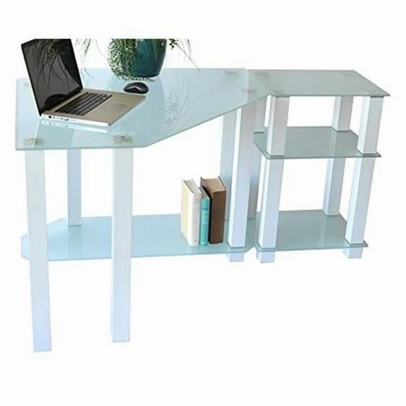RTA Home & Office CT-0135W Clear Tempered Glass Corner Computer Desk with Right Extention Table, White