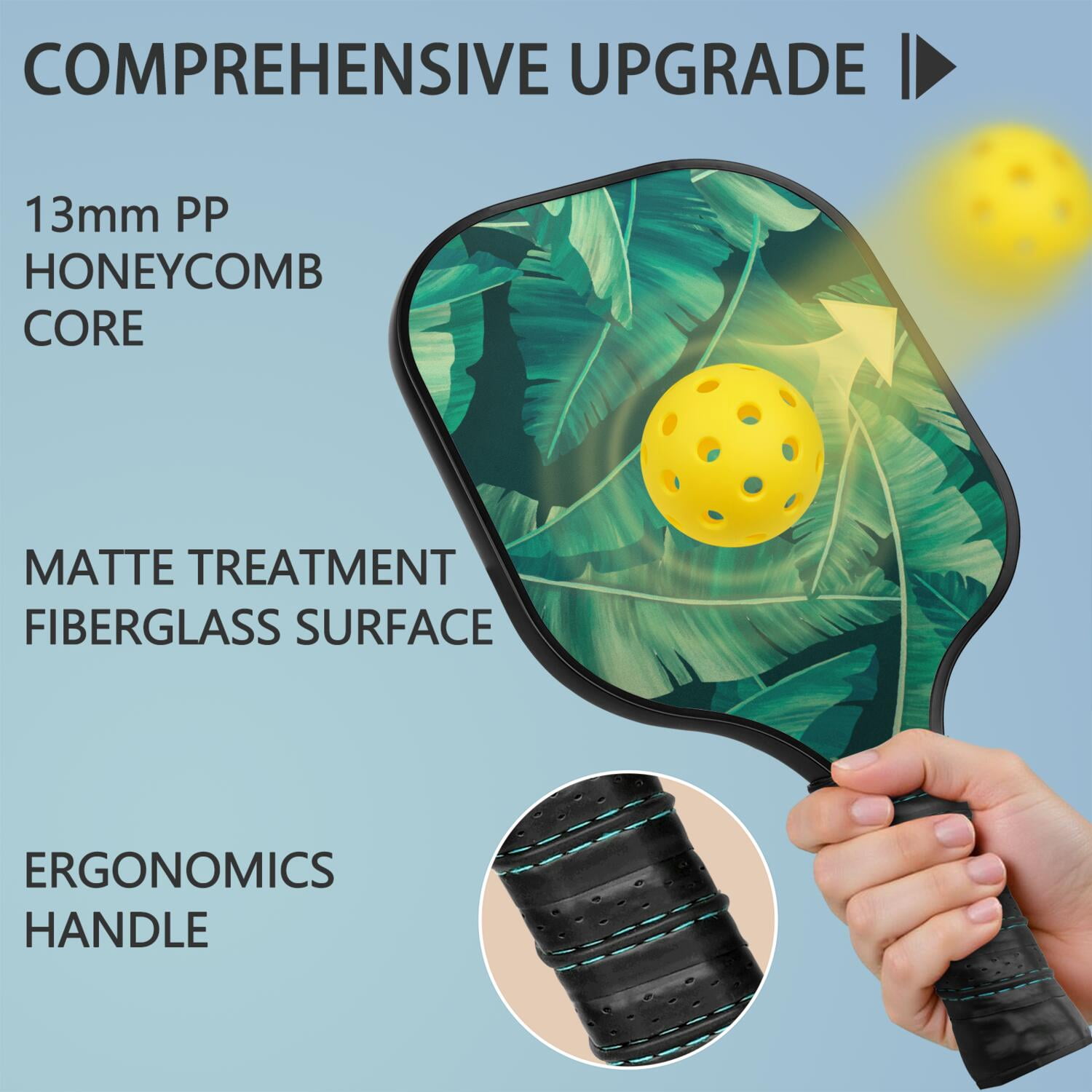 Pickleball Paddles Set Of 2, Fiberglass Surface, Tropical Jungle Print, 4 Balls & Bag