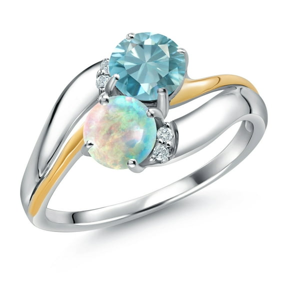 Gem Stone King 925 Sterling Silver and 10K Yellow Gold White Simulated Opal Blue Zircon 2 Stone and Lab Grown Diamond Accent Ring for Women (1.38 Cttw, Gemstone October Birthstone, Size 9)