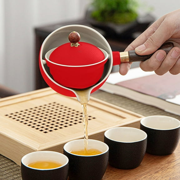 LEORX Red Ceramic Tea Kettle with Long Handle and Removable Strainer for Home Use, and Elegant Design