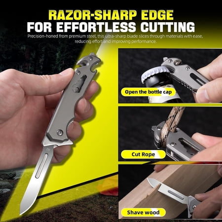 TYHREF-Folding Pocket Knife for Men Compatible with No.60 Blade 5-in-1 Multitool Folding Knife with Frame-Lock Bottle Opener Glass Breaker Seatbelt Cutter and Wrench Survival Knife for Emergenc