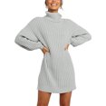 thumbnail image 1 of LUXUR Robe Chandail pour Femmes, Couleur Unie, Col Montant, Mini Robes, Ample, Manches Longues, Gris, P, 1 of 2