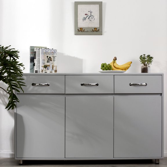 Mintazer Sideboard Buffet Cabinet with 3 Drawers & 3 Doors, Modern Storage Credenza with Adjustable Shelves for Kitchen Dining Room Living Room, Grey