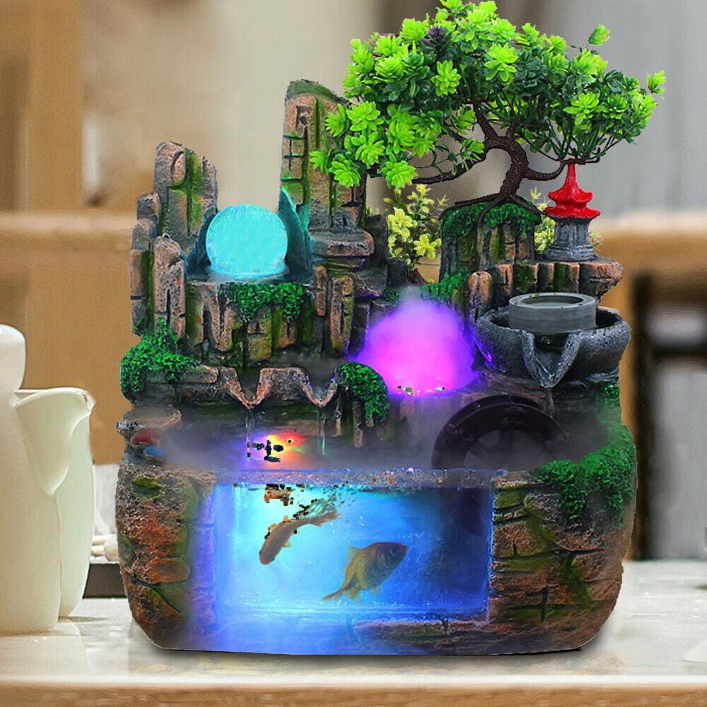 Wildnix Tabletop Fountain with LED Lights-Resin Waterfall Indoor Décor, Rockery Design with Fish Tank, Meditation Aid, Air Humidifier for Home and Office