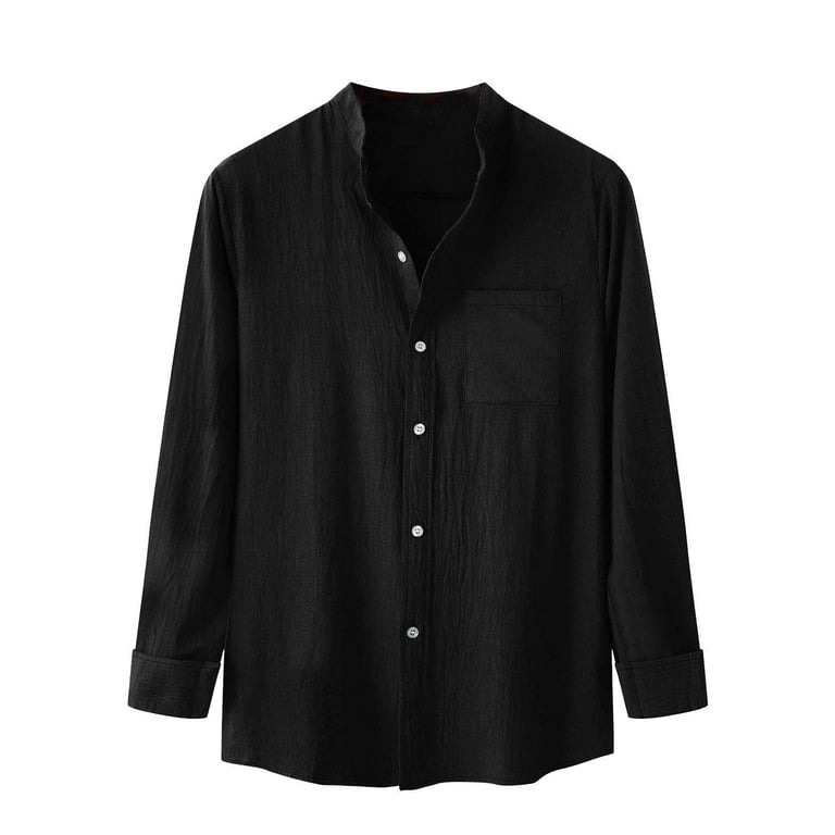 Mens Linen Long Sleeve Shirts Button Down Band Collar Casual Regular Fit  Dress Shirts Solid Color V Neck Blouse 