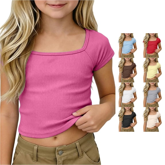 RUTAYY Girls T-Shirt Square Neck Short Sleeve Solid Color Basic Kids Layering Tops Hot Pink