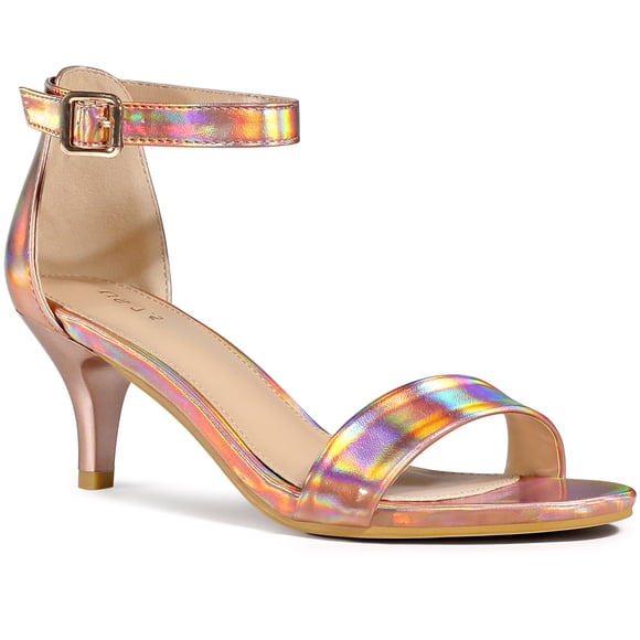 BLISSFUL STEP Women's Shoes Kitten Heel Ankle Strap Open Toe Sandals Rose Gold 9