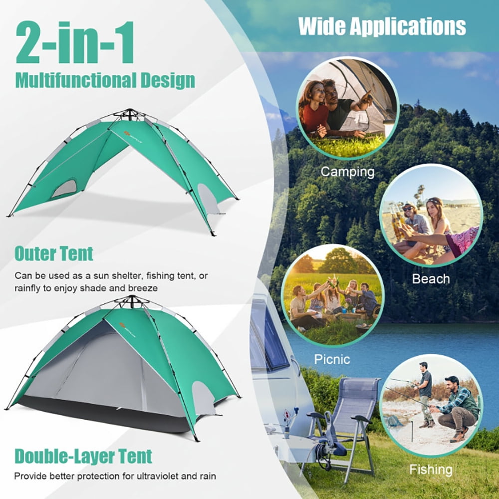 Aimee Lii 2-in-1 4 Person Instant Pop-up Waterproof Camping Tent, Easy Set Up Camping Tents Shelter, Green