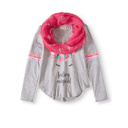 - Big Girls' Foil Unicorn Varsity Long Sleeve Tee With Scarf