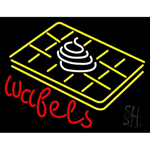 Wafels with Logo LED Neon Sign 24 x 31 - inches, Black Square Cut Acrylic Backing, with Dimmer - Bright and Premium built indoor LED Neon Sign for restaurant window and interior decor.
