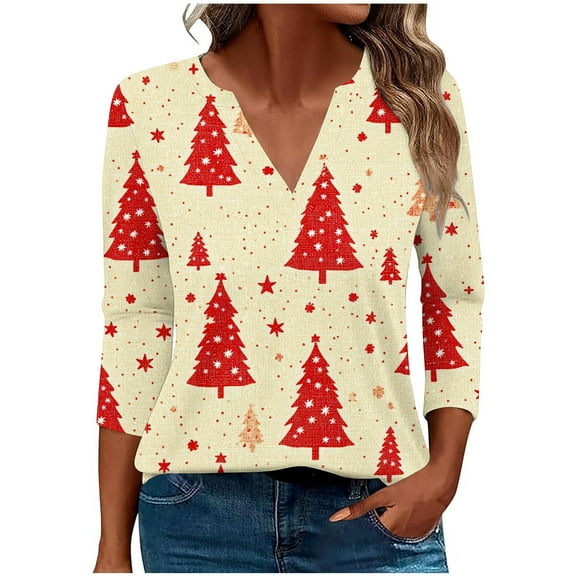 Fall Fashion Must Haves Women's V Neck Holiday Blouse Three Quarter Sleeve with Christmas Design Tees Tshirts Tops Shirts Women Fall Clothes