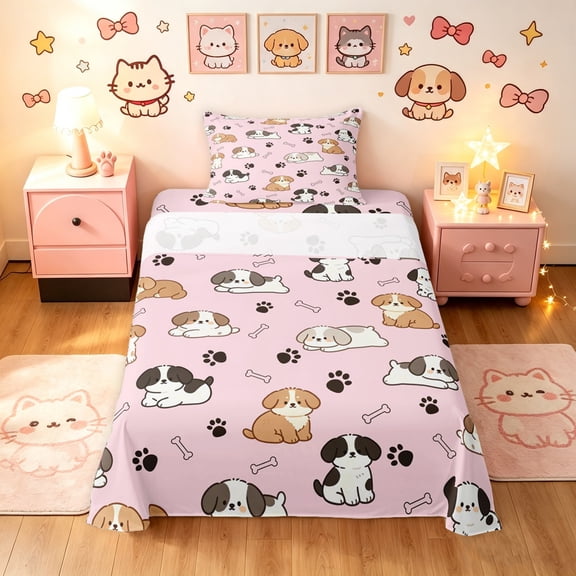 Manfei Kawaii Dog Twin Sheets, Puppy Paw Print Bedding, Pink, 3pcs, 1 Flat Sheet, 1 Fitted Sheet and 1 Pillowcase