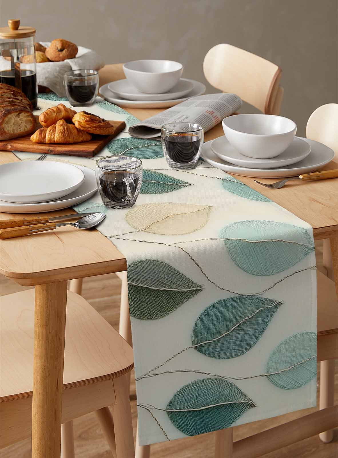 Teal Green Leaf Table Runner 72 Inches, Farmhouse Vintage Middle Century Textured Bed Runner Dresser Scarves Tabletop for Indoor Outdoor Parties/Ceremony/Banquet, 18" x 72"