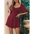 thumbnail image 2 of Womens Summer Dresses Square Neck Tie Back Lantern Sleeve Ruffle A-Line Casual Dress Wine Red L, 2 of 7