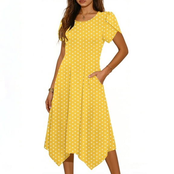 SELONE Casual Summer Dresses for Women Crew Neck Short Sleeve Maxi Dresses Ruffle Cuff House Dress Sundress Yellow XL