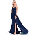thumbnail image 3 of Lucyinlove-Vestido largo azul marino para mujer, prenda de satén suave de lujo con cuello en V y abertura, vestido de noche con cinta para dama de honor, 3 of 5