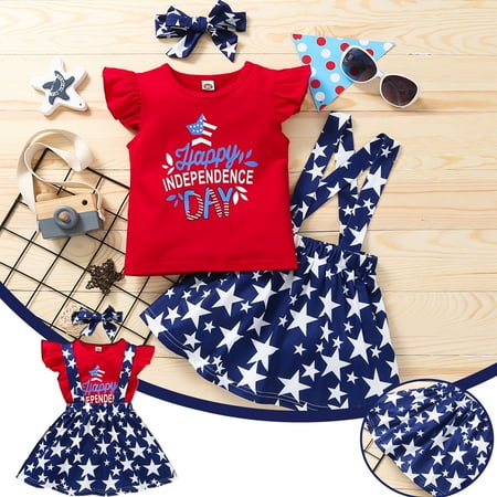 

Herrnalise Toddler Kid Girl Clothes Independence Day Tops Strap Skirt Clothes Headband Set