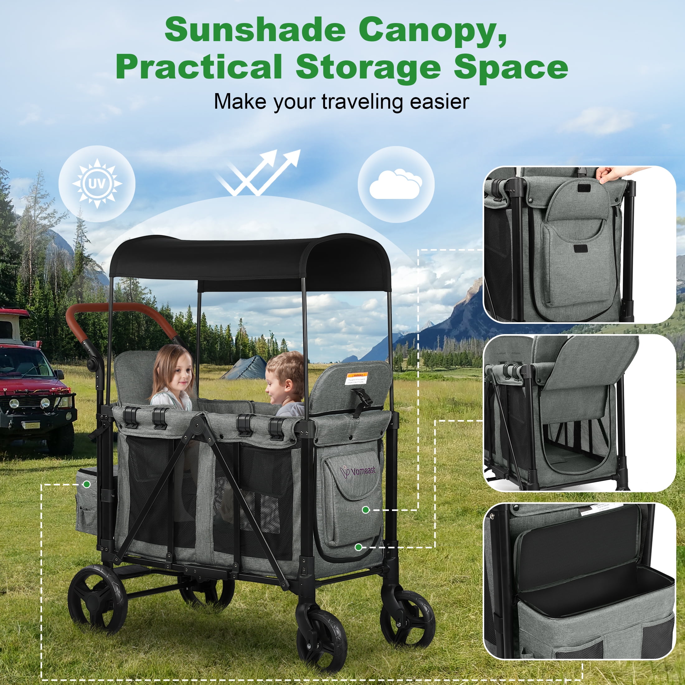 Vomeast Wagon Stroller for 2 Kids, 3-in-1 Outdoor Baby Stroller Wagon with Canopy, 5-Point Harness, Adjustable Handlebars, Removable Seat for Toddlers, Grey Vomeast Wagon Stroller for 2 Kids, 3-in-1 Outdoor Baby Stroller Wagon with Canopy, 5-Point Harness, Adjustable Handlebars, Removable Seat for Toddlers, Grey - Image 7