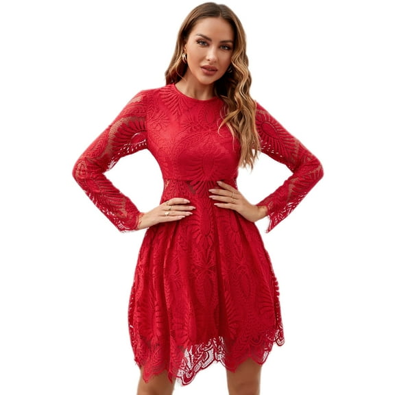 Eilly Bazar Lace Dresses Long Sleeve For Women Knee-Length Sizes From XS To XL