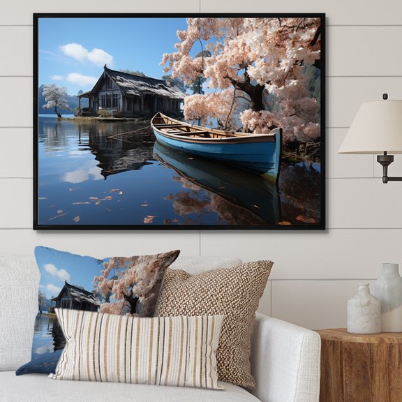 Designart "Lakehouse Lakeside Calm" Lake House Cottage Floater Framed Canvas Wall Art