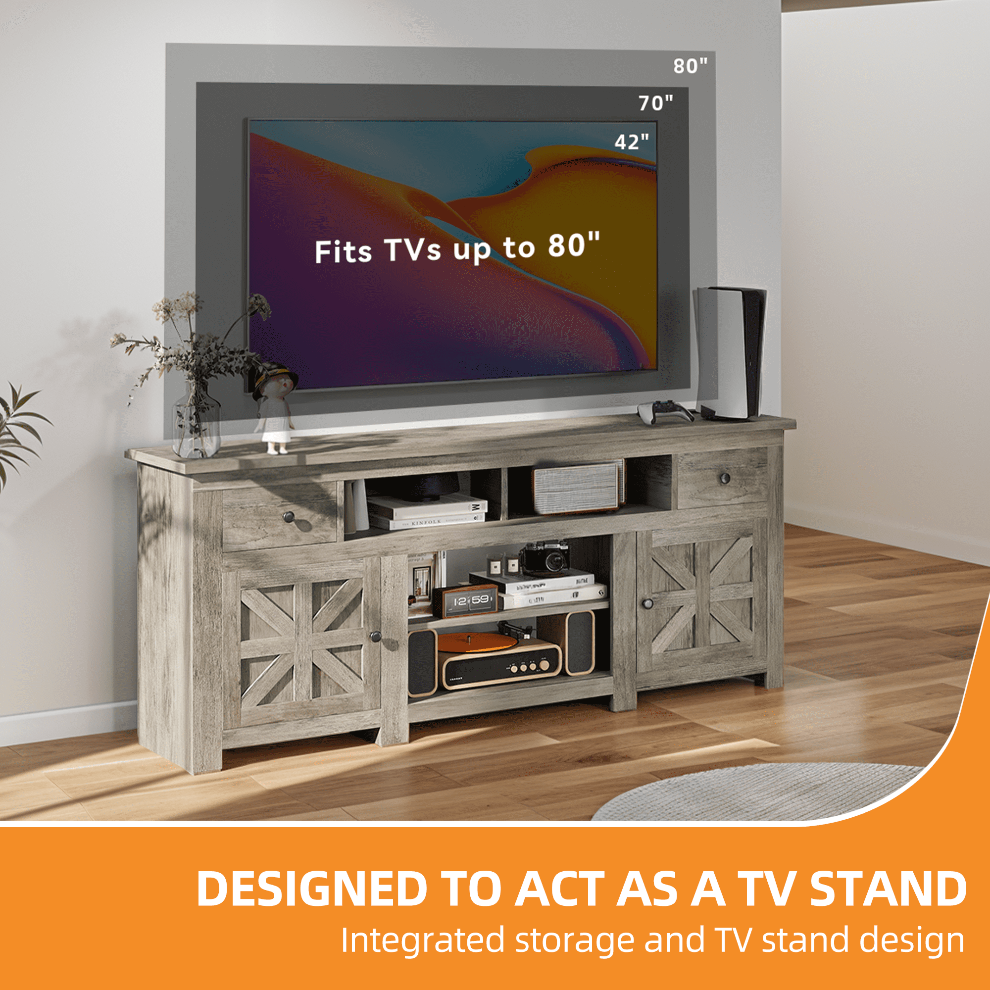 Uforic 70 Inch TV Stand for 75/80 Inch TV with 2 Drawers, 4 Open Compartments & Built-In Power Outlet, Floor Mount Wooden TV Console, Gray