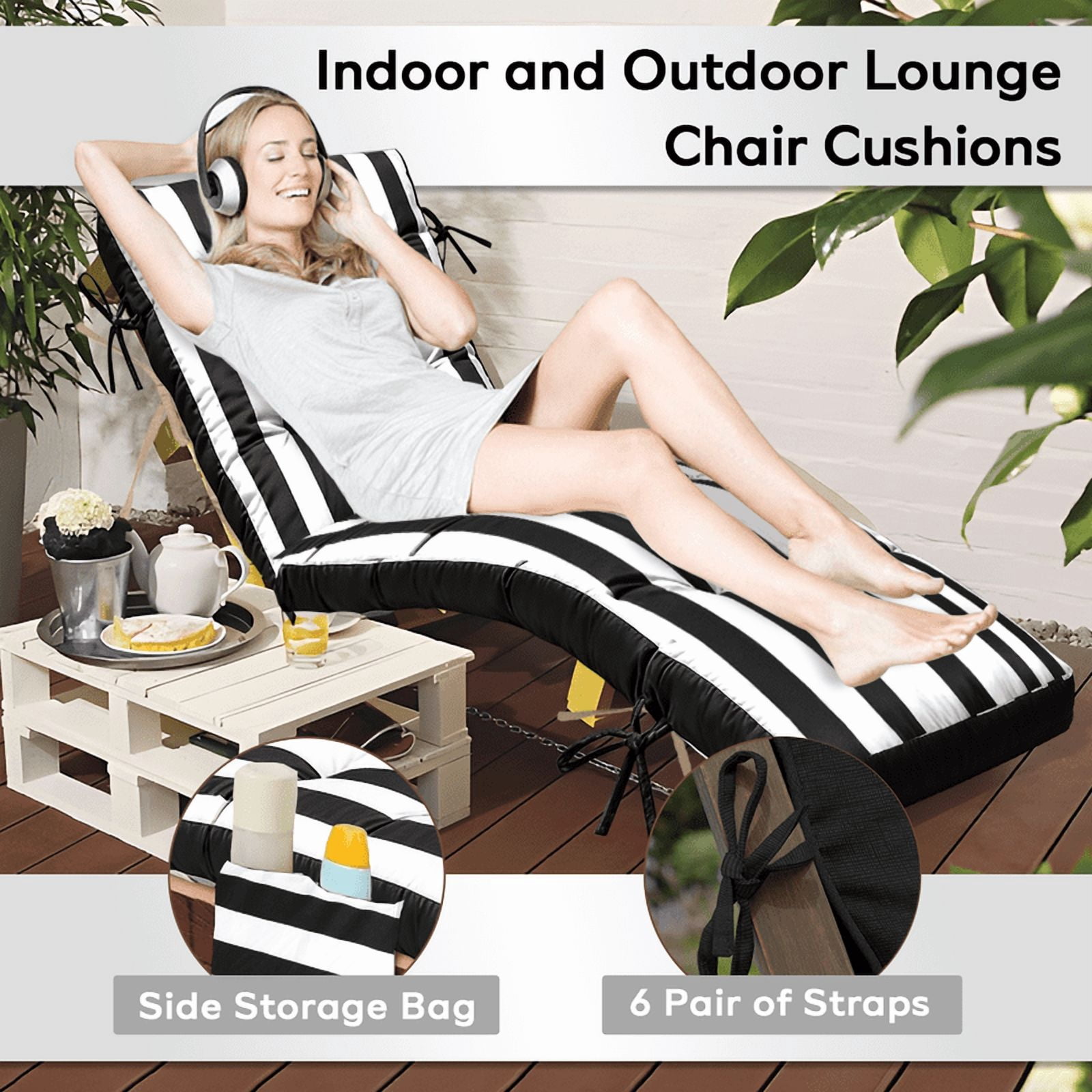 PUKNLY Chaise Lounge Chair Cushion Outdoor, 67*22*4 in Thickened Leisure Lounge Deck Chair Cushion, Waterproof & Fade-Proof Patio Pool Sun Lounger Pad with Straps, Bag, for Pool, Beach, Balcony