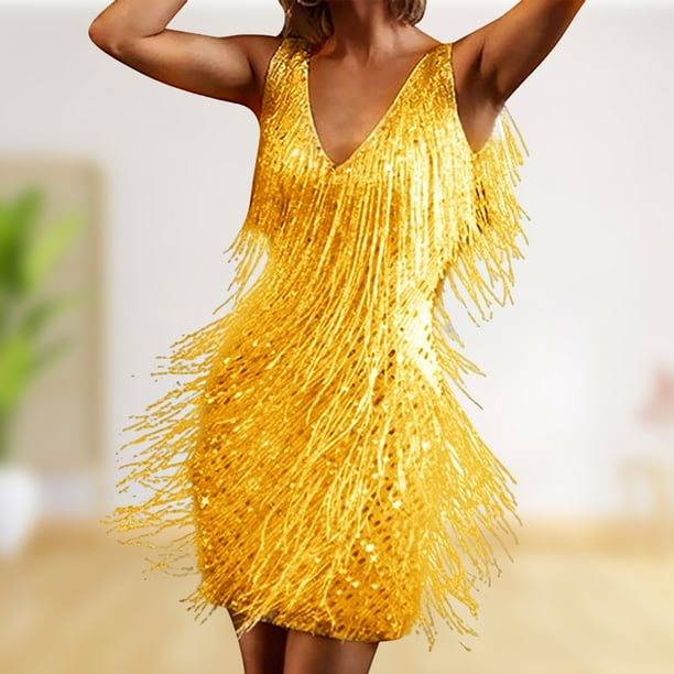 Vestido Con Borlas De Lentejuelas Vestido sexy con borlas de lentejuelas, estilo retro americano, cuello en V, sin mangas (dorado XXL) Cgtredaw Para estrenar