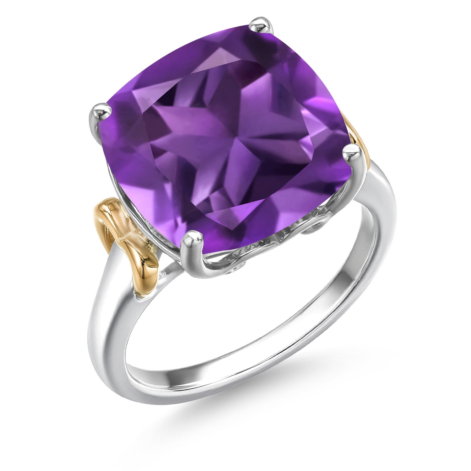 Gem Stone King 925 Silver and 10K Yellow Gold Purple Amethyst Solitaire Engagement Ring for Women | 6.40 Cttw | Cushion 12MM | Gemstone February Birthstone | Size 8