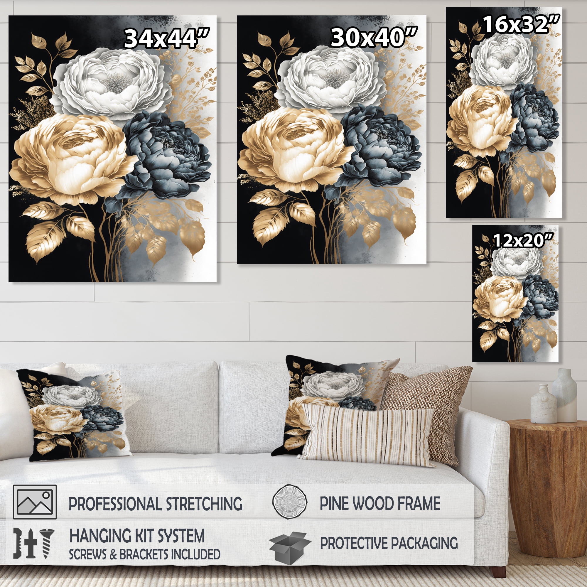 Designart White, Gold And Black Rose Bouquet I Canvas Wall Art