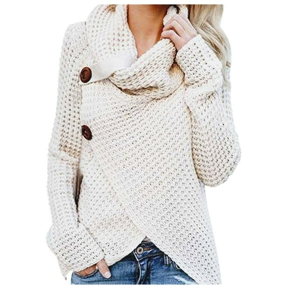 Waffle Knit Sweaters for Women Solid Color Loose Turtleneck Sweater Top Button Deco Wrap Front Sweatshirt