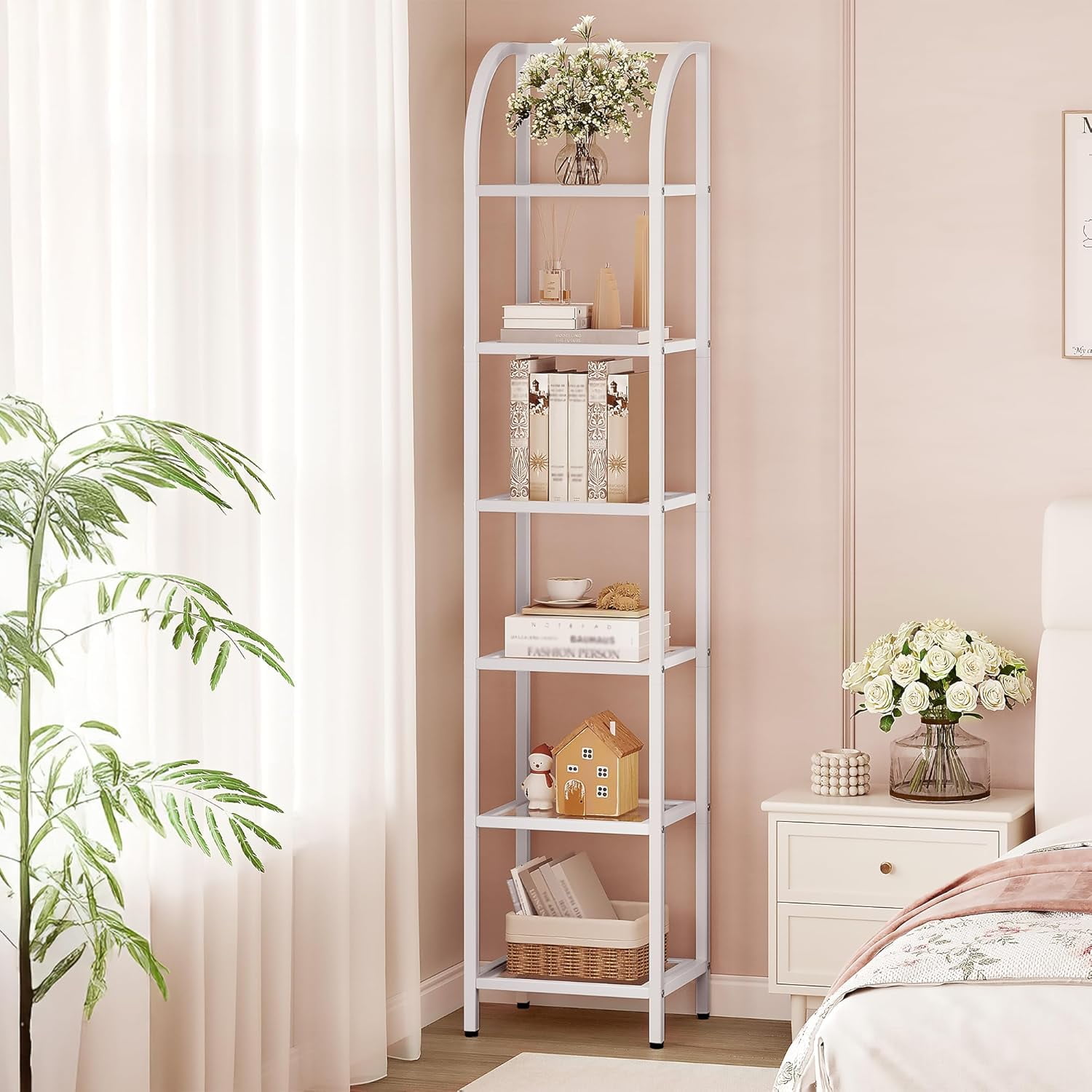 Bookcase Bookshelf Tempered Glass Arched Bookshelf | Slim Shelving Unit for More Storage for Bedroom Bathroom Home Office Steel Frame 6 Tier White BC20699W